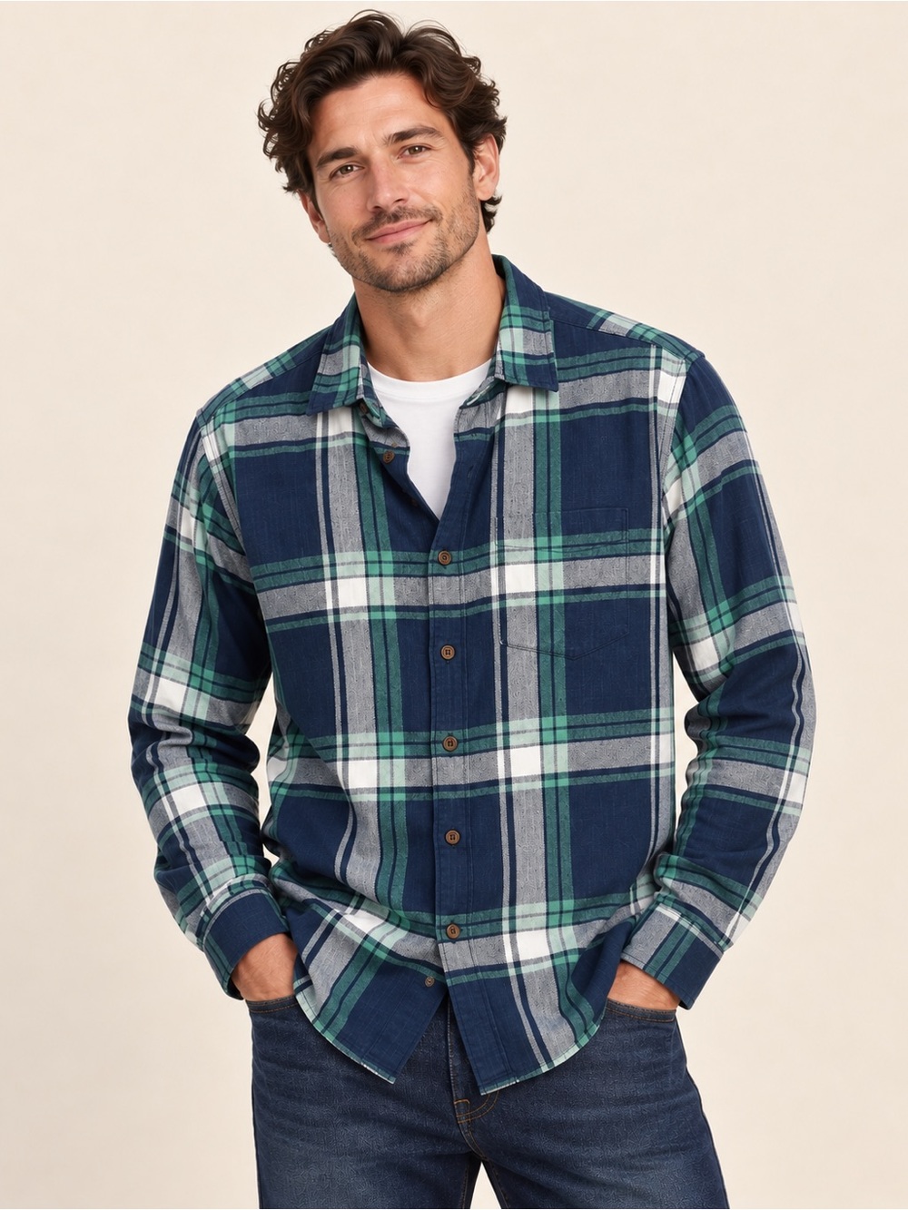 NWT American Eagle Men’s L Lightweight Flannel Plaid Shirt Navy Green